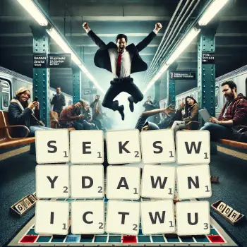 Kreatywna ilustracja do gry w Scrabble ze słowem SEKSWYDAWNICTWU ułożonym z płytek na planszy.