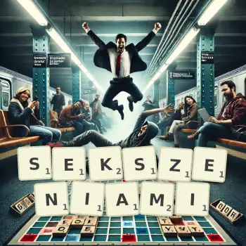 Kreatywna ilustracja do gry w Scrabble ze słowem SEKSZENIAMI ułożonym z płytek na planszy.