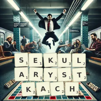 Kreatywna ilustracja do gry w Scrabble ze słowem SEKULARYSTKACH ułożonym z płytek na planszy.