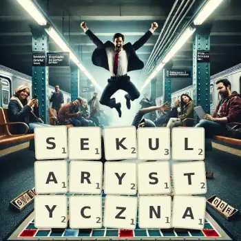 Kreatywna ilustracja do gry w Scrabble ze słowem SEKULARYSTYCZNA ułożonym z płytek na planszy.