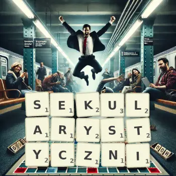 Kreatywna ilustracja do gry w Scrabble ze słowem SEKULARYSTYCZNI ułożonym z płytek na planszy.