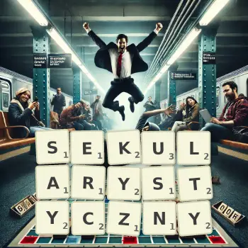 Kreatywna ilustracja do gry w Scrabble ze słowem SEKULARYSTYCZNY ułożonym z płytek na planszy.
