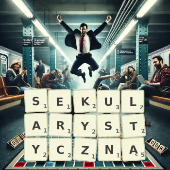 Kreatywna ilustracja do gry w Scrabble ze słowem SEKULARYSTYCZNĄ ułożonym z płytek na planszy.