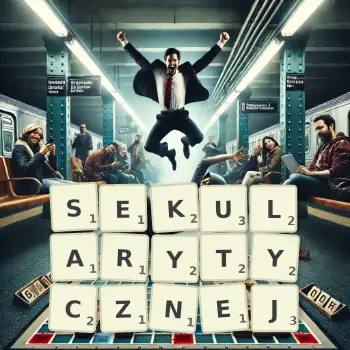 Kreatywna ilustracja do gry w Scrabble ze słowem SEKULARYTYCZNEJ ułożonym z płytek na planszy.