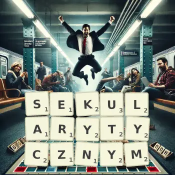 Kreatywna ilustracja do gry w Scrabble ze słowem SEKULARYTYCZNYM ułożonym z płytek na planszy.
