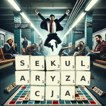 Kreatywna ilustracja do gry w Scrabble ze słowem SEKULARYZACJA ułożonym z płytek na planszy.