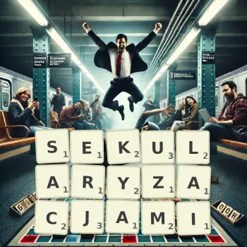 Kreatywna ilustracja do gry w Scrabble ze słowem SEKULARYZACJAMI ułożonym z płytek na planszy.