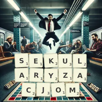 Kreatywna ilustracja do gry w Scrabble ze słowem SEKULARYZACJOM ułożonym z płytek na planszy.