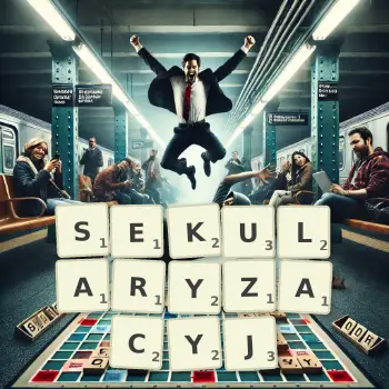 Kreatywna ilustracja do gry w Scrabble ze słowem SEKULARYZACYJ ułożonym z płytek na planszy.