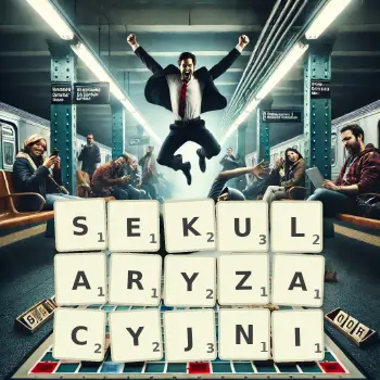 Kreatywna ilustracja do gry w Scrabble ze słowem SEKULARYZACYJNI ułożonym z płytek na planszy.