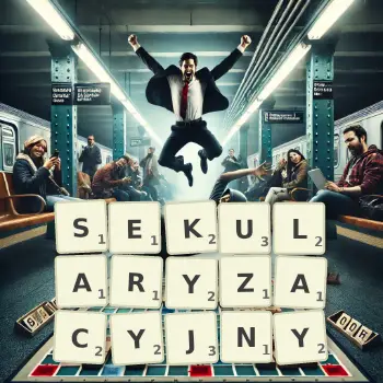 Kreatywna ilustracja do gry w Scrabble ze słowem SEKULARYZACYJNY ułożonym z płytek na planszy.