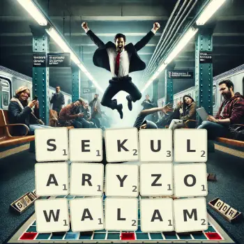 Kreatywna ilustracja do gry w Scrabble ze słowem SEKULARYZOWALAM ułożonym z płytek na planszy.