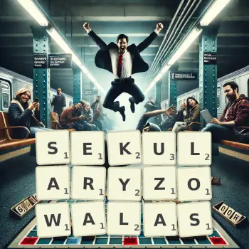 Kreatywna ilustracja do gry w Scrabble ze słowem SEKULARYZOWALAS ułożonym z płytek na planszy.