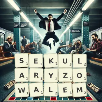 Kreatywna ilustracja do gry w Scrabble ze słowem SEKULARYZOWALEM ułożonym z płytek na planszy.