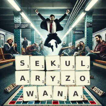 Kreatywna ilustracja do gry w Scrabble ze słowem SEKULARYZOWANA ułożonym z płytek na planszy.