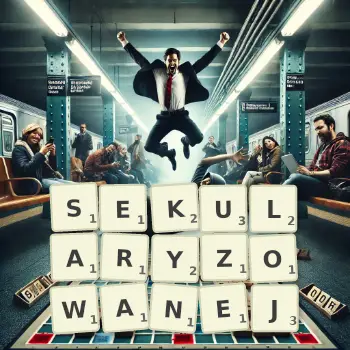 Kreatywna ilustracja do gry w Scrabble ze słowem SEKULARYZOWANEJ ułożonym z płytek na planszy.