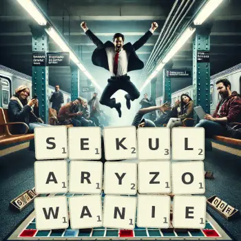 Kreatywna ilustracja do gry w Scrabble ze słowem SEKULARYZOWANIE ułożonym z płytek na planszy.