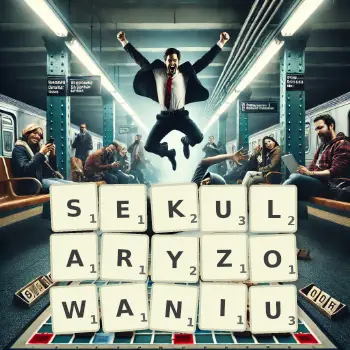 Kreatywna ilustracja do gry w Scrabble ze słowem SEKULARYZOWANIU ułożonym z płytek na planszy.