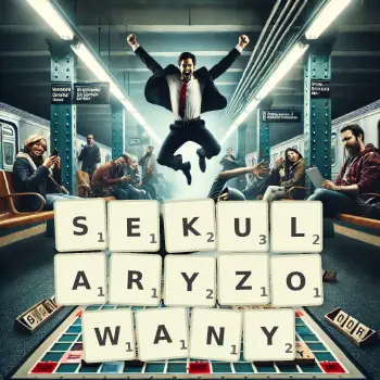 Kreatywna ilustracja do gry w Scrabble ze słowem SEKULARYZOWANY ułożonym z płytek na planszy.