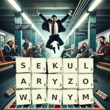 Kreatywna ilustracja do gry w Scrabble ze słowem SEKULARYZOWANYM ułożonym z płytek na planszy.