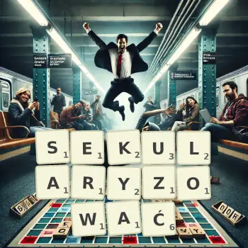 Kreatywna ilustracja do gry w Scrabble ze słowem SEKULARYZOWAĆ ułożonym z płytek na planszy.