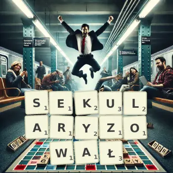 Kreatywna ilustracja do gry w Scrabble ze słowem SEKULARYZOWAŁ ułożonym z płytek na planszy.