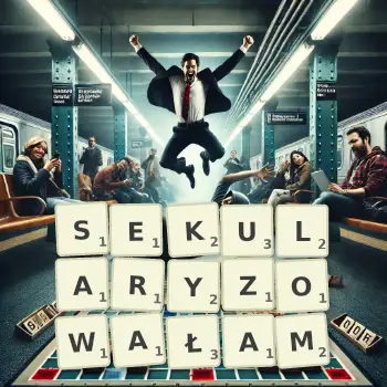 Kreatywna ilustracja do gry w Scrabble ze słowem SEKULARYZOWAŁAM ułożonym z płytek na planszy.