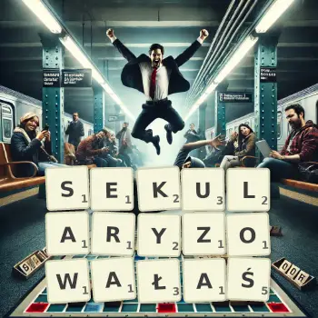 Kreatywna ilustracja do gry w Scrabble ze słowem SEKULARYZOWAŁAŚ ułożonym z płytek na planszy.