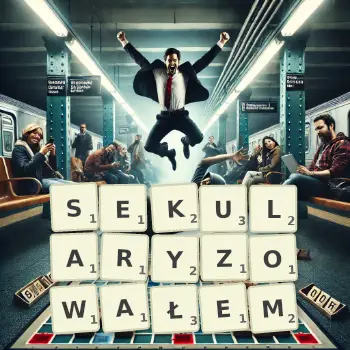 Kreatywna ilustracja do gry w Scrabble ze słowem SEKULARYZOWAŁEM ułożonym z płytek na planszy.