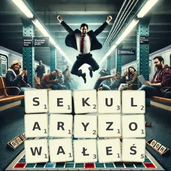 Kreatywna ilustracja do gry w Scrabble ze słowem SEKULARYZOWAŁEŚ ułożonym z płytek na planszy.