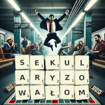 Kreatywna ilustracja do gry w Scrabble ze słowem SEKULARYZOWAŁOM ułożonym z płytek na planszy.