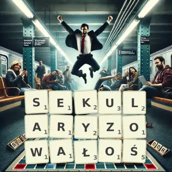 Kreatywna ilustracja do gry w Scrabble ze słowem SEKULARYZOWAŁOŚ ułożonym z płytek na planszy.