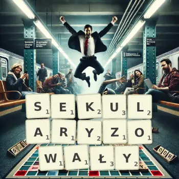 Kreatywna ilustracja do gry w Scrabble ze słowem SEKULARYZOWAŁY ułożonym z płytek na planszy.