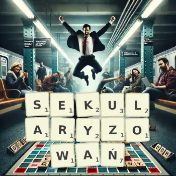 Kreatywna ilustracja do gry w Scrabble ze słowem SEKULARYZOWAŃ ułożonym z płytek na planszy.
