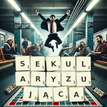 Kreatywna ilustracja do gry w Scrabble ze słowem SEKULARYZUJĄCA ułożonym z płytek na planszy.