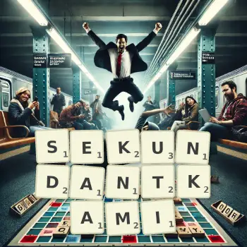 Kreatywna ilustracja do gry w Scrabble ze słowem SEKUNDANTKAMI ułożonym z płytek na planszy.