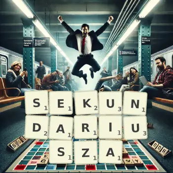 Kreatywna ilustracja do gry w Scrabble ze słowem SEKUNDARIUSZA ułożonym z płytek na planszy.