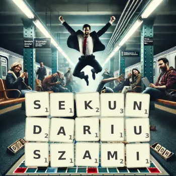 Kreatywna ilustracja do gry w Scrabble ze słowem SEKUNDARIUSZAMI ułożonym z płytek na planszy.