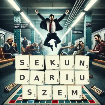 Kreatywna ilustracja do gry w Scrabble ze słowem SEKUNDARIUSZEM ułożonym z płytek na planszy.