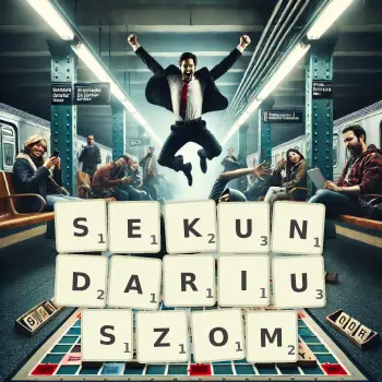 Kreatywna ilustracja do gry w Scrabble ze słowem SEKUNDARIUSZOM ułożonym z płytek na planszy.