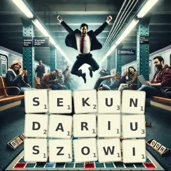 Kreatywna ilustracja do gry w Scrabble ze słowem SEKUNDARIUSZOWI ułożonym z płytek na planszy.