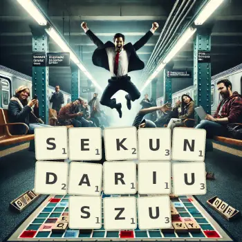 Kreatywna ilustracja do gry w Scrabble ze słowem SEKUNDARIUSZU ułożonym z płytek na planszy.