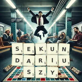 Kreatywna ilustracja do gry w Scrabble ze słowem SEKUNDARIUSZY ułożonym z płytek na planszy.