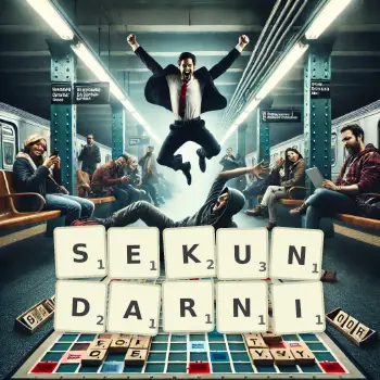 Kreatywna ilustracja do gry w Scrabble ze słowem SEKUNDARNI ułożonym z płytek na planszy.