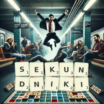 Kreatywna ilustracja do gry w Scrabble ze słowem SEKUNDNIKI ułożonym z płytek na planszy.