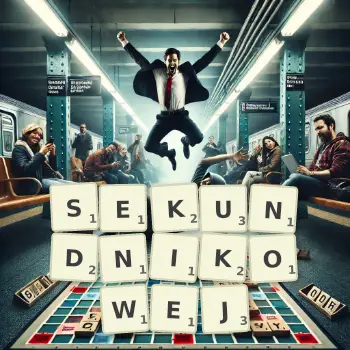 Kreatywna ilustracja do gry w Scrabble ze słowem SEKUNDNIKOWEJ ułożonym z płytek na planszy.