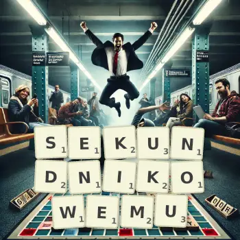 Kreatywna ilustracja do gry w Scrabble ze słowem SEKUNDNIKOWEMU ułożonym z płytek na planszy.