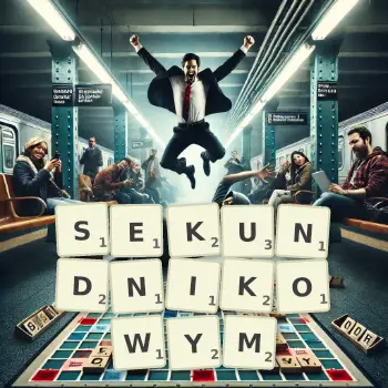 Kreatywna ilustracja do gry w Scrabble ze słowem SEKUNDNIKOWYM ułożonym z płytek na planszy.