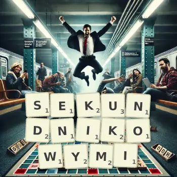 Kreatywna ilustracja do gry w Scrabble ze słowem SEKUNDNIKOWYMI ułożonym z płytek na planszy.