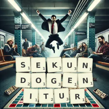 Kreatywna ilustracja do gry w Scrabble ze słowem SEKUNDOGENITUR ułożonym z płytek na planszy.